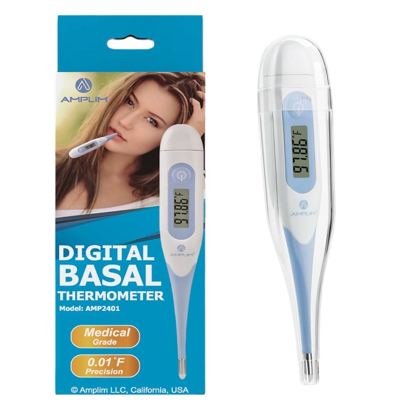 Amplim Digital Basal Thermometer, Medical Grade Accurate BBT for Ovulation Tracking, 1/100th Degree High Precision Fertility Prediction, 60-Sec Read, Memory Recall, Flexible Waterproof Tip – Blue - Image 1